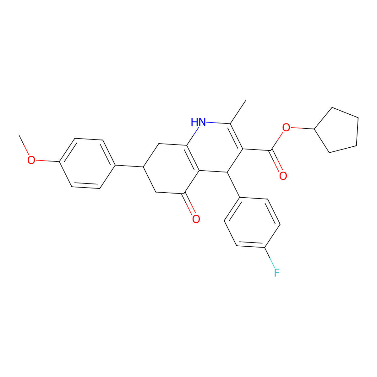 Cyclopentyl 4-(4-fluorophenyl)-7-(4-methoxyphenyl)-2-methyl-5-oxo-1,4,5,6,7,8-hexahydroquinoline-3-carboxylate molecular structure, CAS 420100-18-1