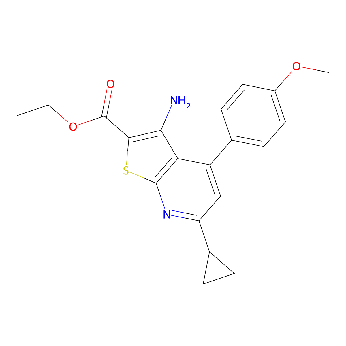 Ethyl 3-amino-6-cyclopropyl-4-(4-methoxyphenyl)thieno[2,3-b]pyridine-2-carboxylate molecular structure, CAS 420100-24-9
