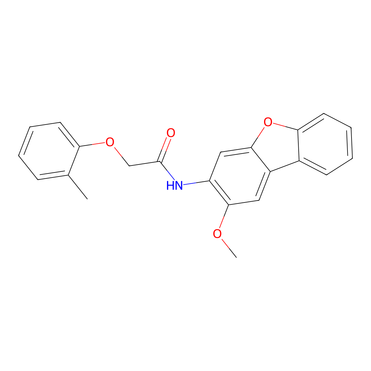 N-(2-methoxydibenzofuran-3-yl)-2-(2-methylphenoxy)acetamide molecular structure, CAS 420102-85-8
