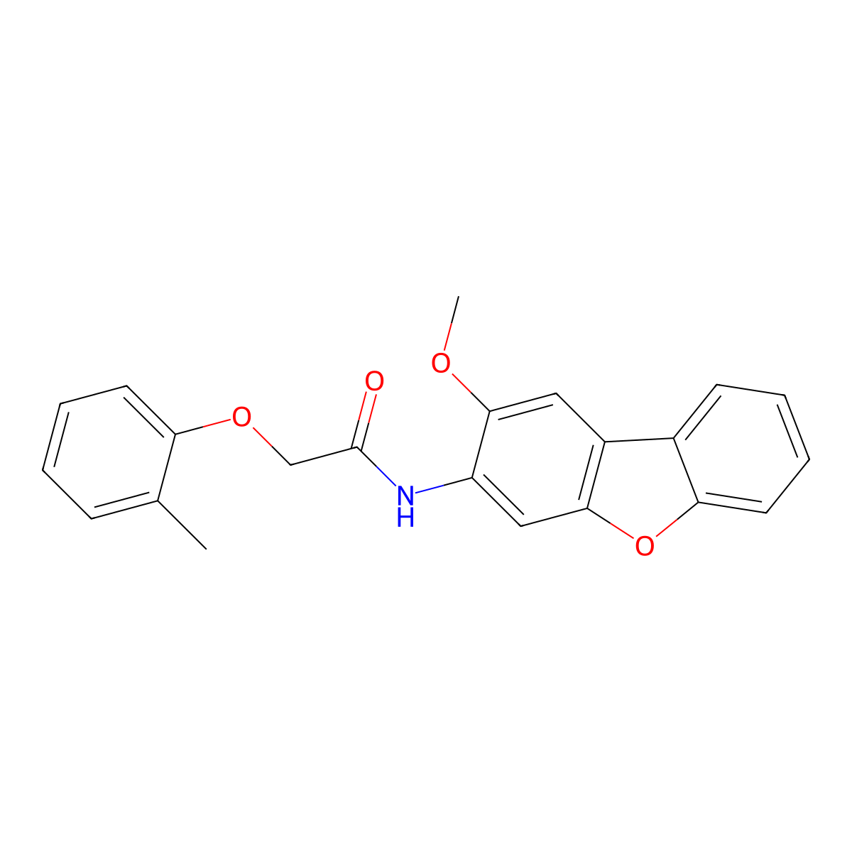 N-(2-methoxydibenzofuran-3-yl)-2-(2-methylphenoxy)acetamide molecular structure, CAS 420102-85-8