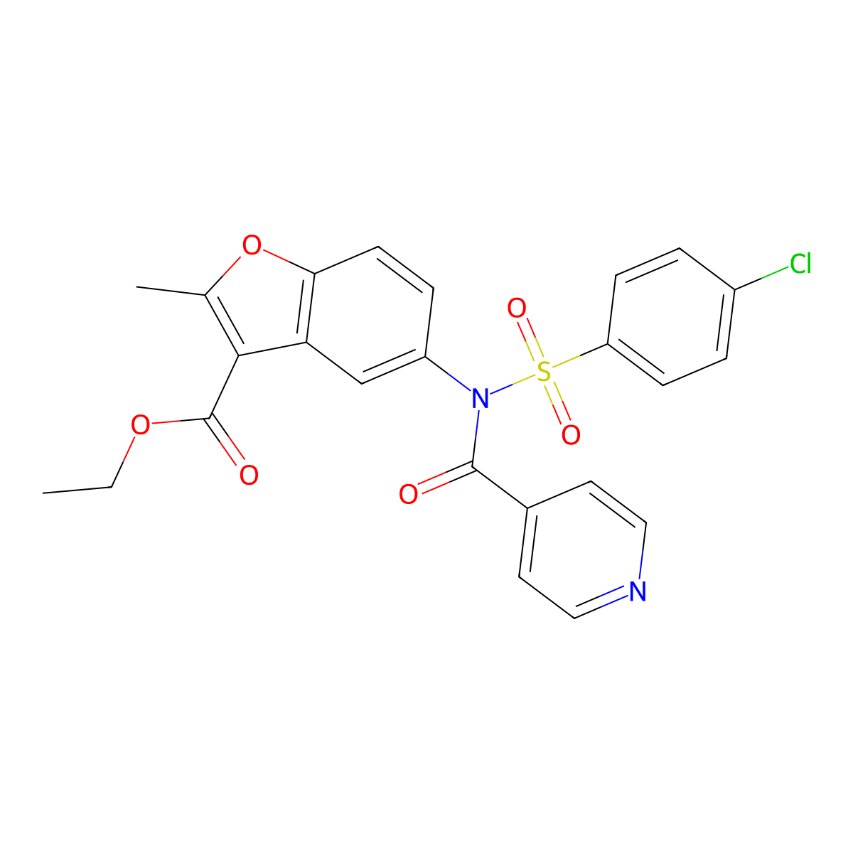 ethyl 5-(N-((4-chlorophenyl)sulfonyl)isonicotinamido)-2-methylbenzofuran-3-carboxylate molecular structure, CAS 420107-33-1
