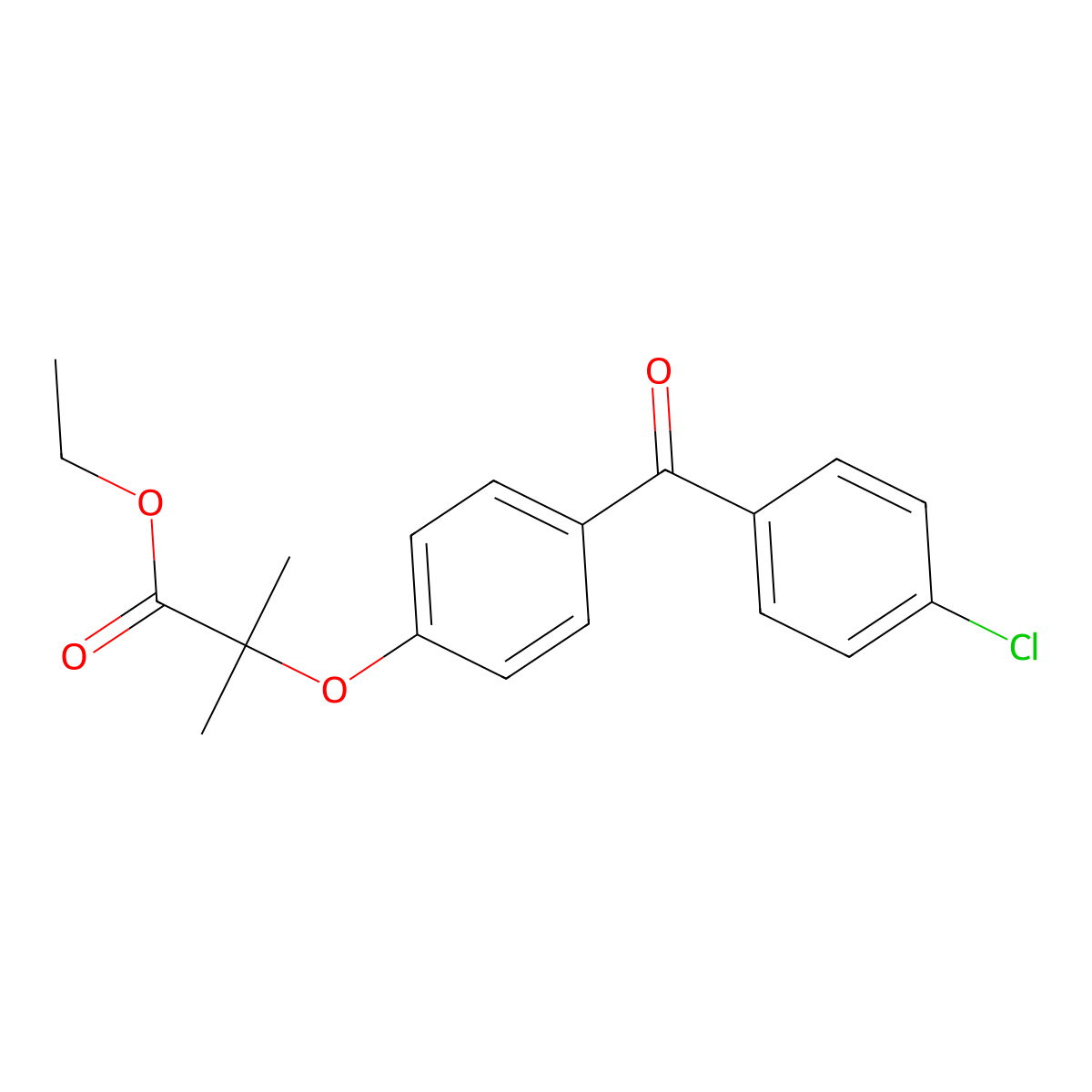 Ethyl 2-(4-(4-chlorobenzoyl)phenoxy)-2-methylpropanoate molecular structure, CAS 42019-08-9