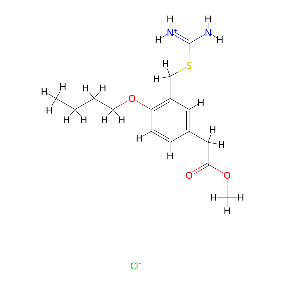 3-(((Aminoiminomethyl)thio)methyl)-4-butoxybenzeneacetic acid methyl ester monohydrochloride molecular structure, CAS 42024-64-6