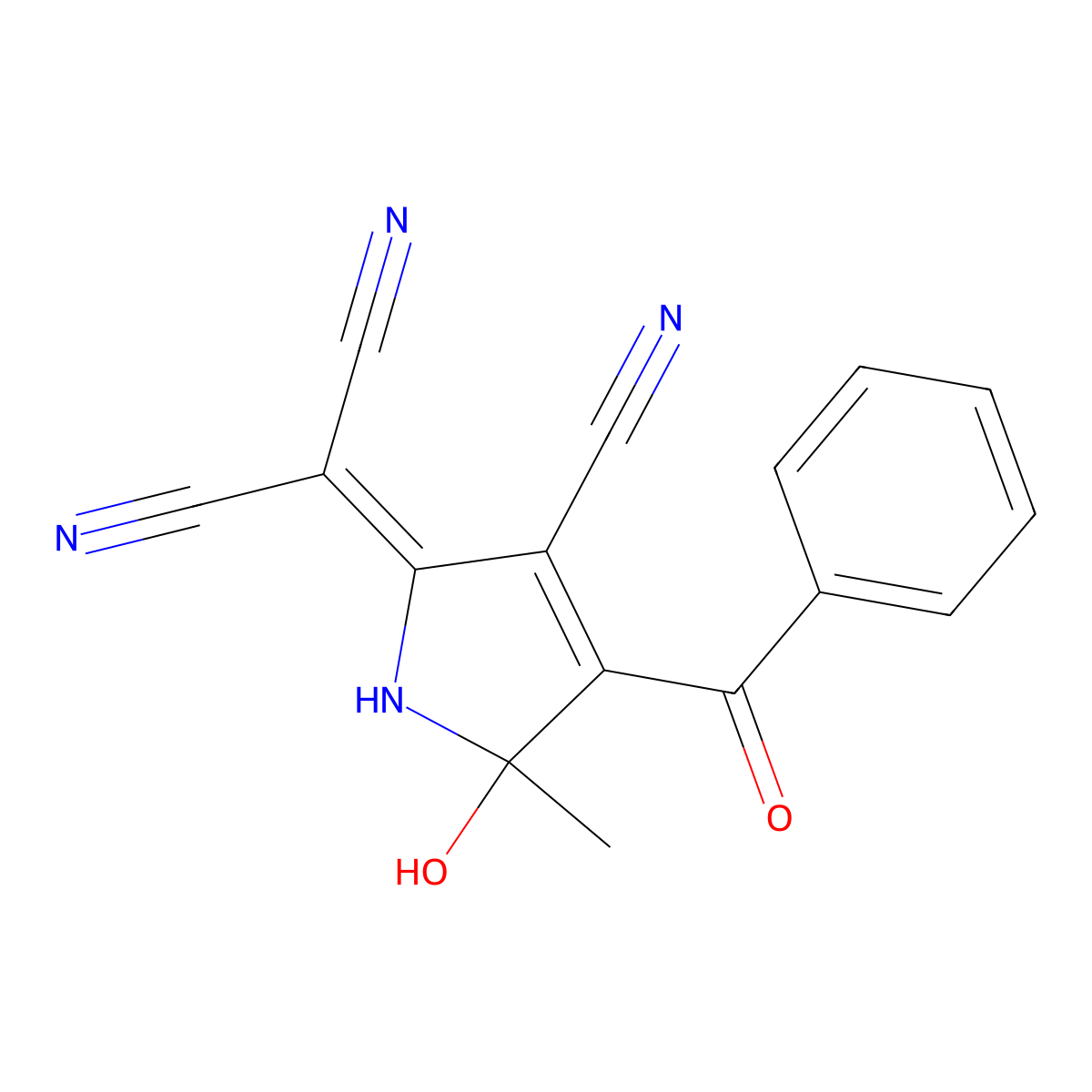 2-(4-benzoyl-3-cyano-5-hydroxy-5-methyl-1,5-dihydro-2H-pyrrol-2-yliden)malononitrile molecular structure, CAS 42046-43-5