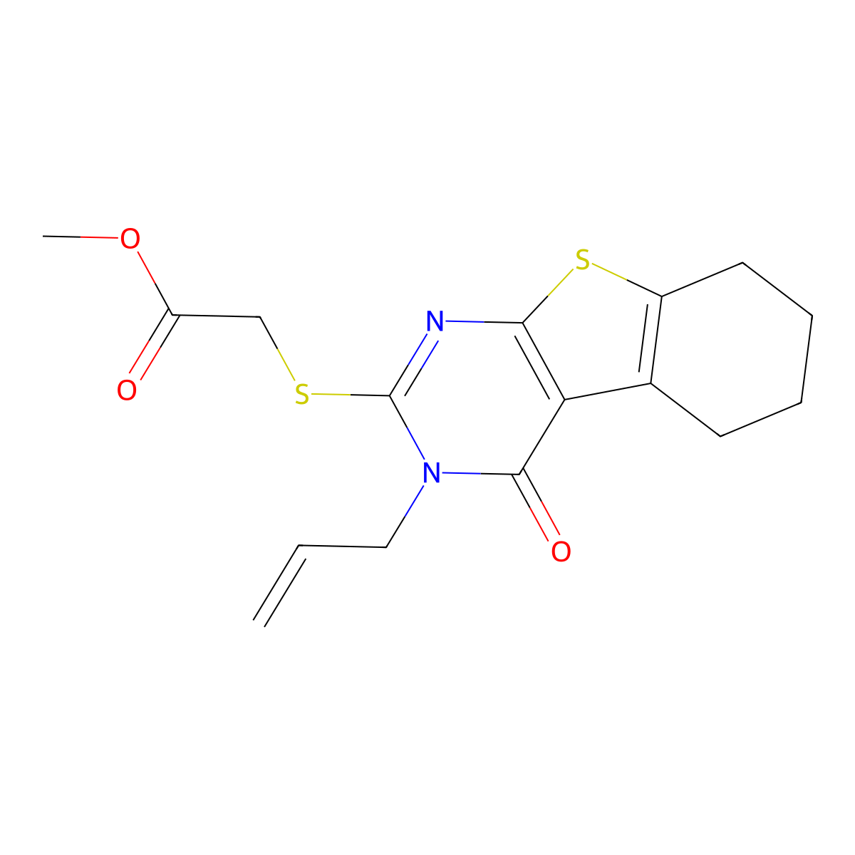 Methyl [(3-allyl-4-oxo-3,4,5,6,7,8-hexahydro[1]benzothieno[2,3-d]pyrimidin-2-yl)sulfanyl]acetate molecular structure, CAS 42062-95-3
