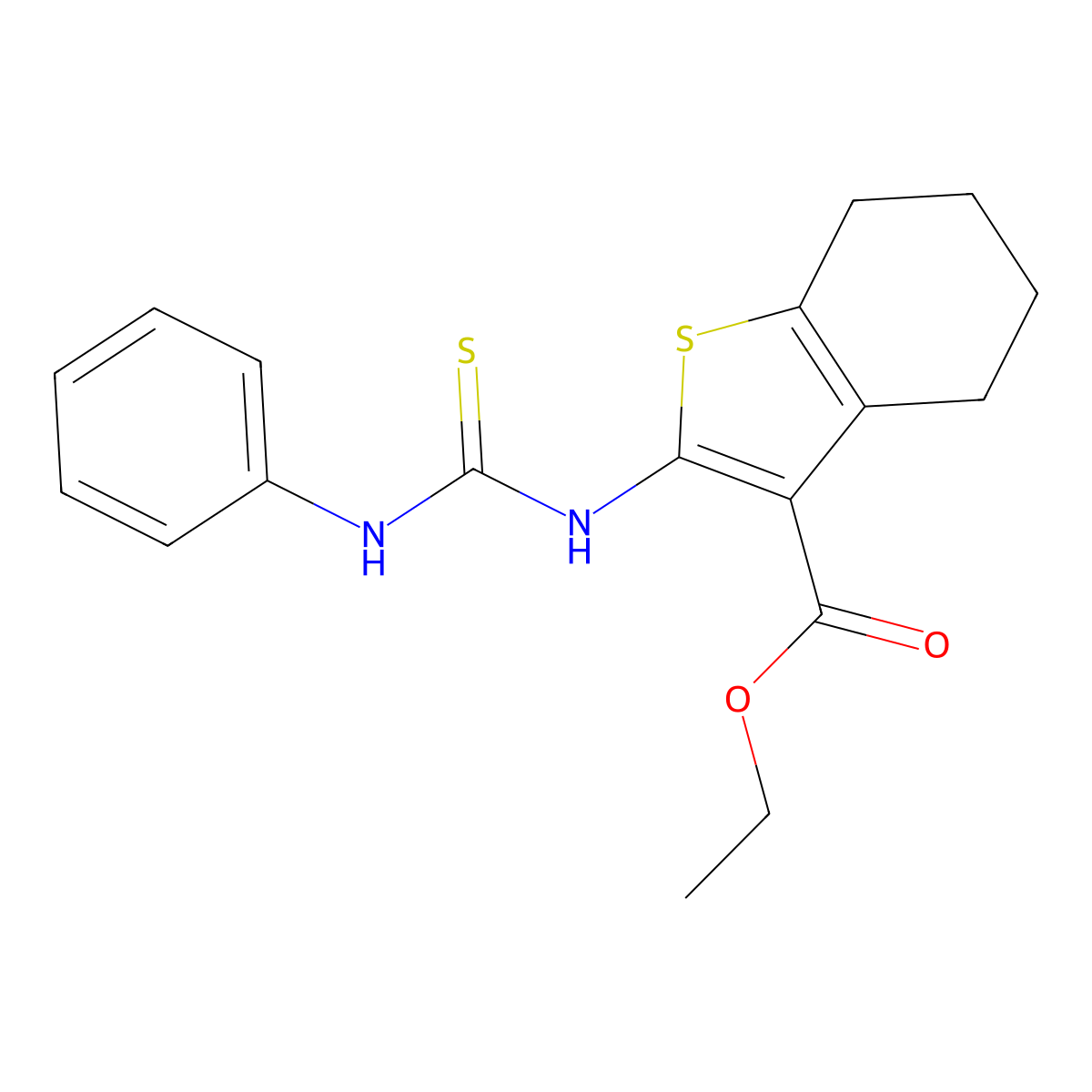 Benzo(b)thiophene-3-carboxylic acid, 4,5,6,7-tetrahydro-2-(((phenylamino)thioxomethyl)amino)-, ethyl ester molecular structure, CAS 42076-12-0