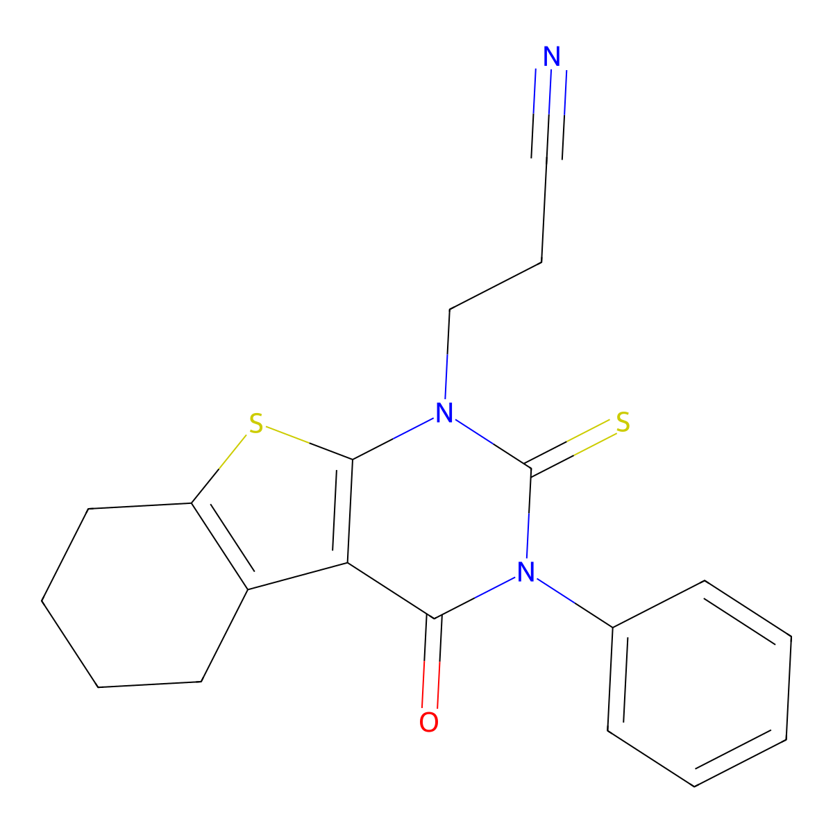 3,4,5,6,7,8-Hexahydro-4-oxo-3-phenyl-2-thioxo[1]benzothieno[2,3-d]pyrimidine-1(2H)-propanenitrile molecular structure, CAS 42076-14-2