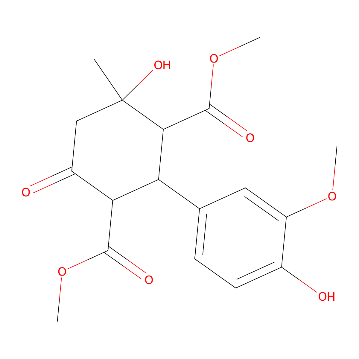 Dimethyl 4-hydroxy-2-(4-hydroxy-3-methoxyphenyl)-4-methyl-6-oxocyclohexane-1,3-dicarboxylate molecular structure, CAS 420808-39-5