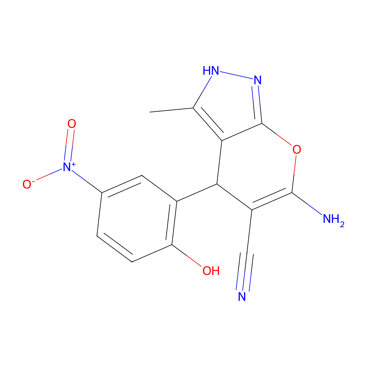 6-Amino-4-(2-hydroxy-5-nitrophenyl)-3-methyl-1,4-dihydropyrano[2,3-c]pyrazole-5-carbonitrile molecular structure, CAS 420811-23-0