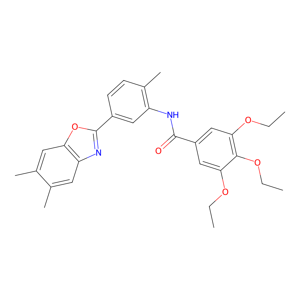 N-[5-(5,6-dimethyl-1,3-benzoxazol-2-yl)-2-methylphenyl]-3,4,5-triethoxybenzamide molecular structure, CAS 420814-88-6