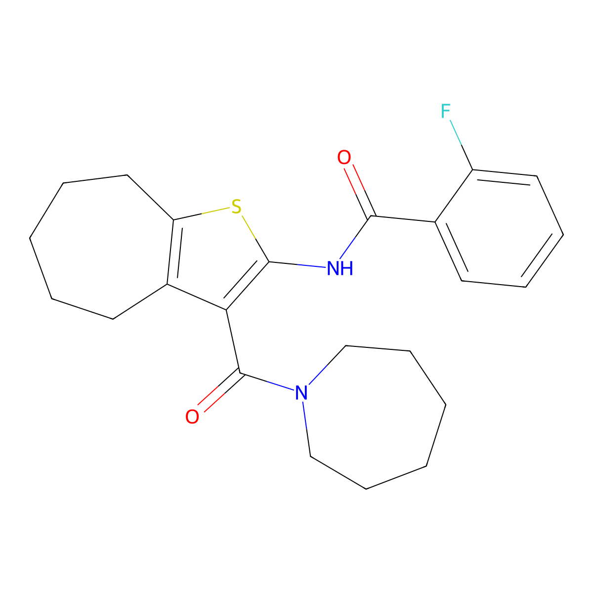 N-[3-(azepane-1-carbonyl)-5,6,7,8-tetrahydro-4H-cyclohepta[b]thiophen-2-yl]-2-fluorobenzamide molecular structure, CAS 420815-29-8