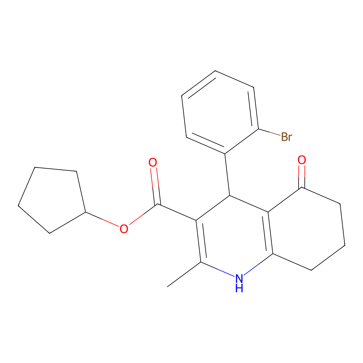 Cyclopentyl 4-(2-bromophenyl)-2-methyl-5-oxo-1,4,5,6,7,8-hexahydroquinoline-3-carboxylate molecular structure, CAS 420818-89-9