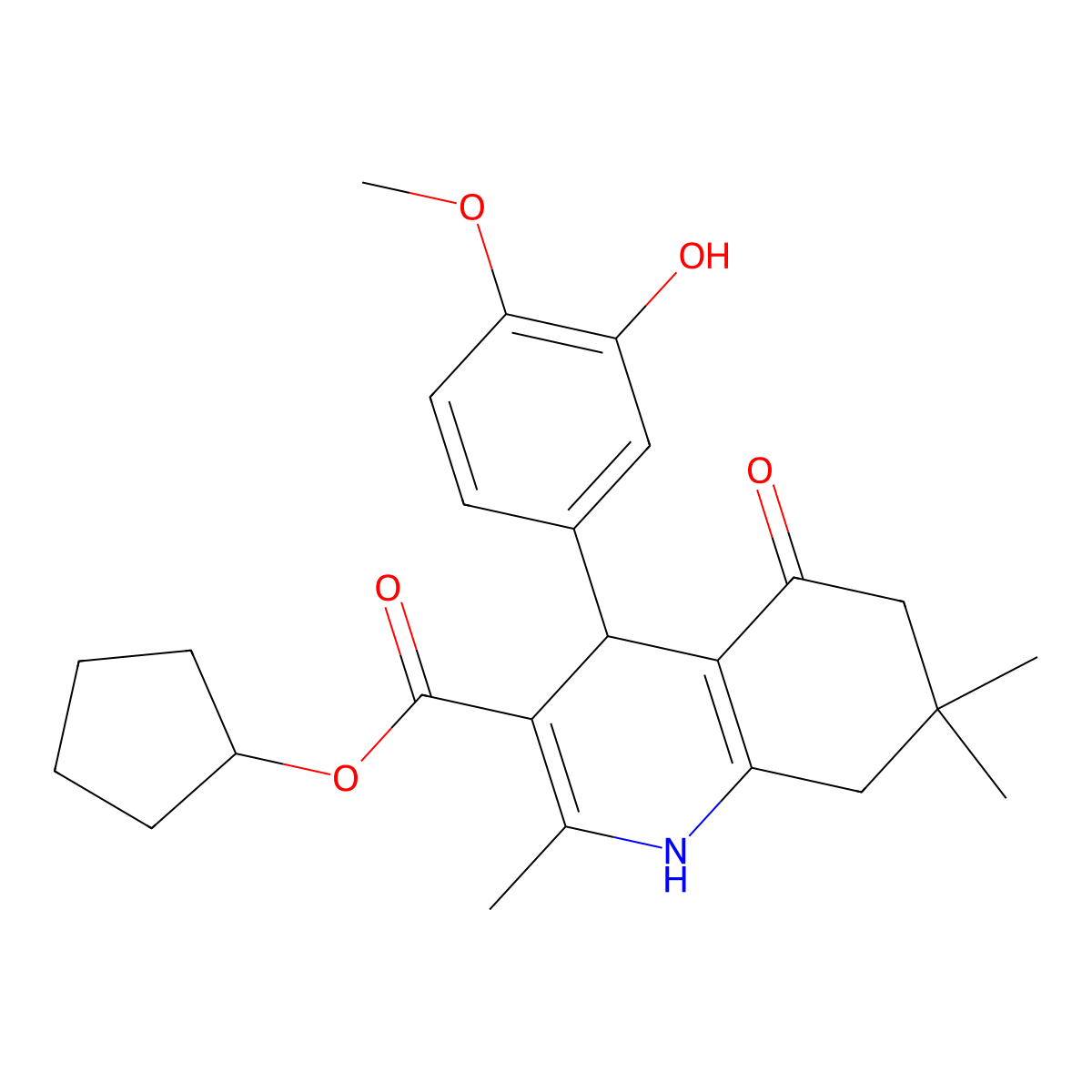 Cyclopentyl 4-(3-hydroxy-4-methoxyphenyl)-2,7,7-trimethyl-5-oxo-1,4,5,6,7,8-hexahydroquinoline-3-carboxylate molecular structure, CAS 420819-43-8