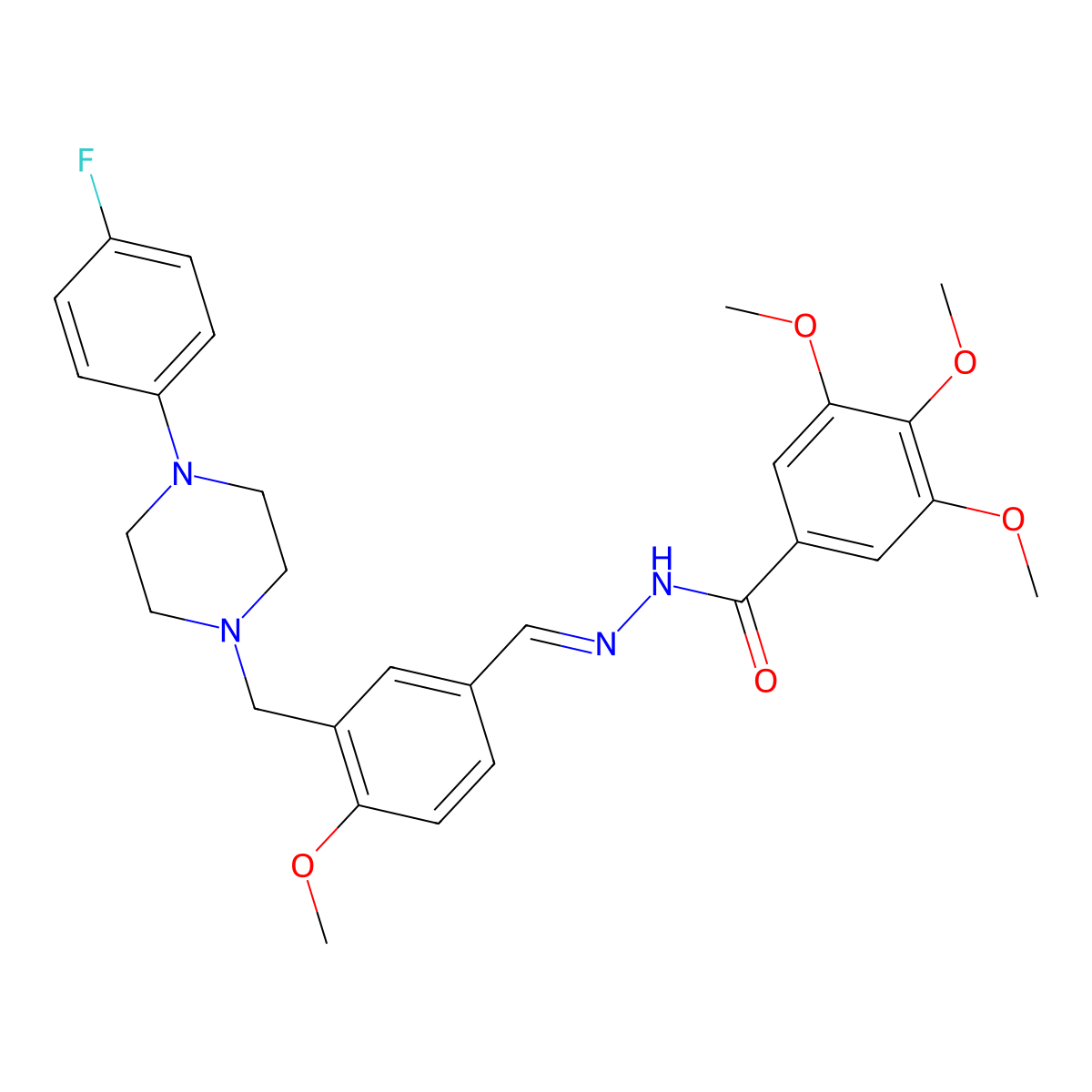3,4,5-Trimethoxybenzoic acid 2-[[3-[[4-(4-fluorophenyl)-1-piperazinyl]methyl]-4-methoxyphenyl]methylene]hydrazide molecular structure, CAS 420823-81-0
