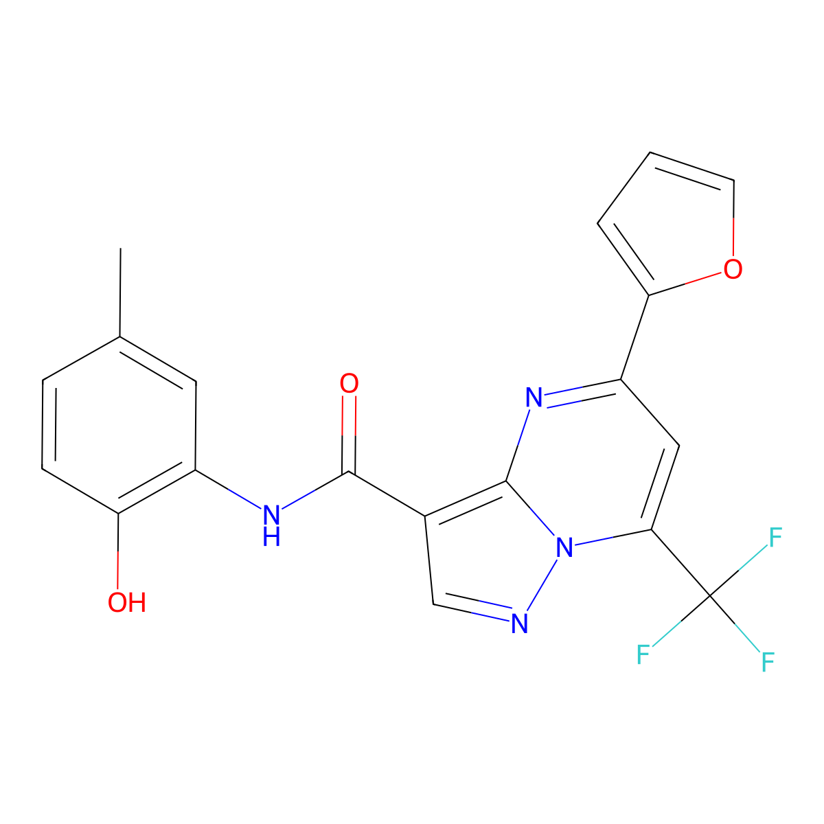 5-(furan-2-yl)-N-(2-hydroxy-5-methylphenyl)-7-(trifluoromethyl)pyrazolo[1,5-a]pyrimidine-3-carboxamide molecular structure, CAS 420826-51-3