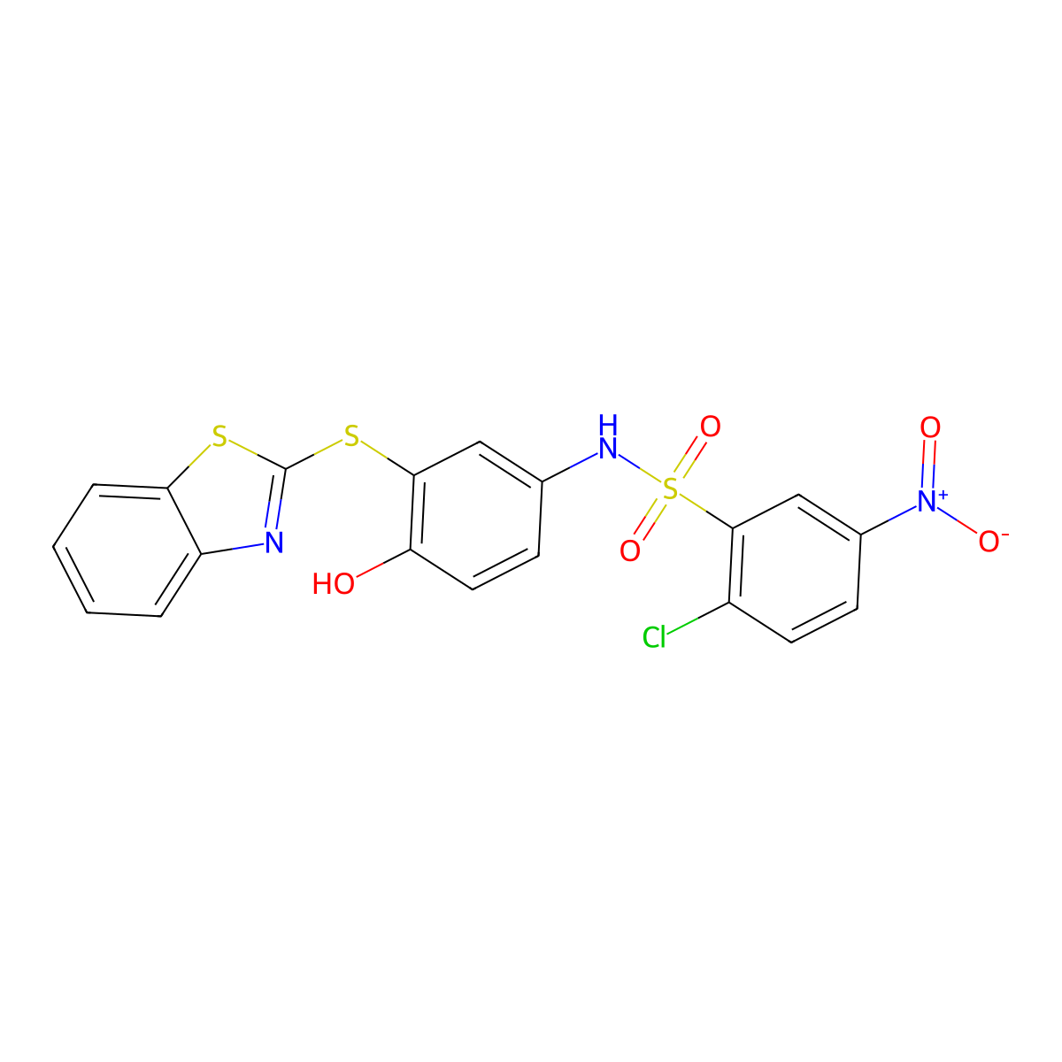 N-(3-(benzo[d]thiazol-2-ylthio)-4-hydroxyphenyl)-2-chloro-5-nitrobenzenesulfonamide molecular structure, CAS 420832-19-5