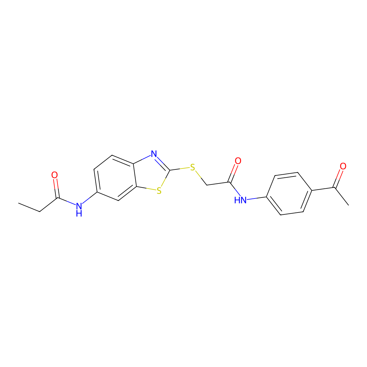 N-[2-({2-[(4-acetylphenyl)amino]-2-oxoethyl}sulfanyl)-1,3-benzothiazol-6-yl]propanamide molecular structure, CAS 420832-88-8