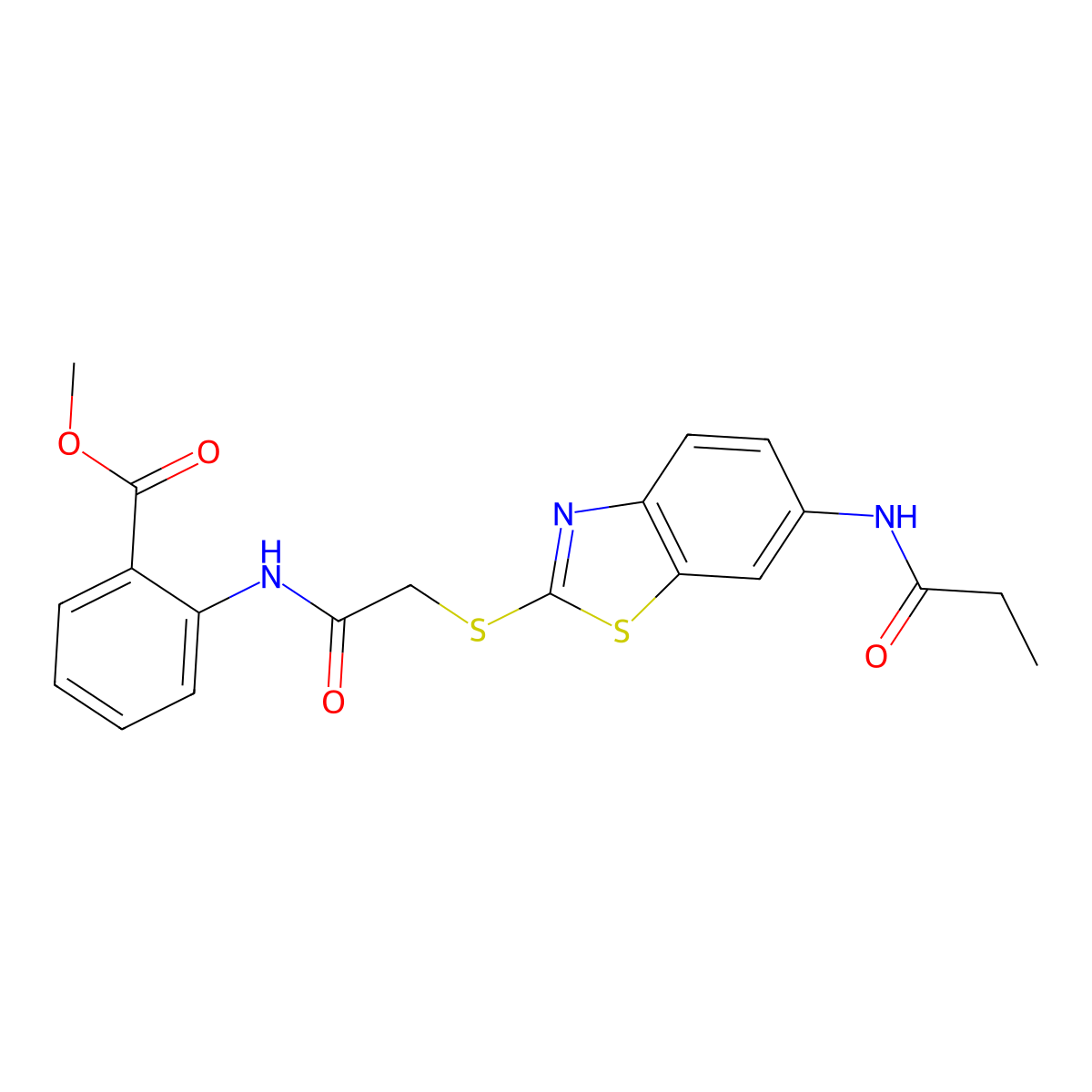 Methyl 2-[({[6-(propanoylamino)-1,3-benzothiazol-2-yl]sulfanyl}acetyl)amino]benzoate molecular structure, CAS 420832-89-9