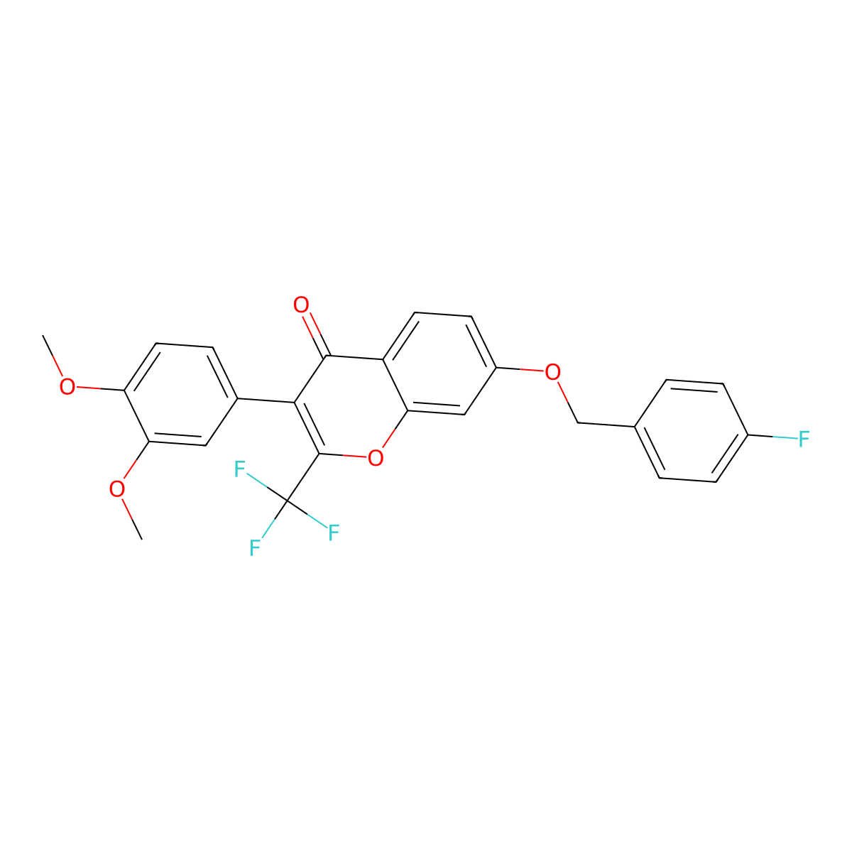 3-(3,4-Dimethoxyphenyl)-7-[(4-fluorophenyl)methoxy]-2-(trifluoromethyl)chromen-4-one molecular structure, CAS 420833-63-2
