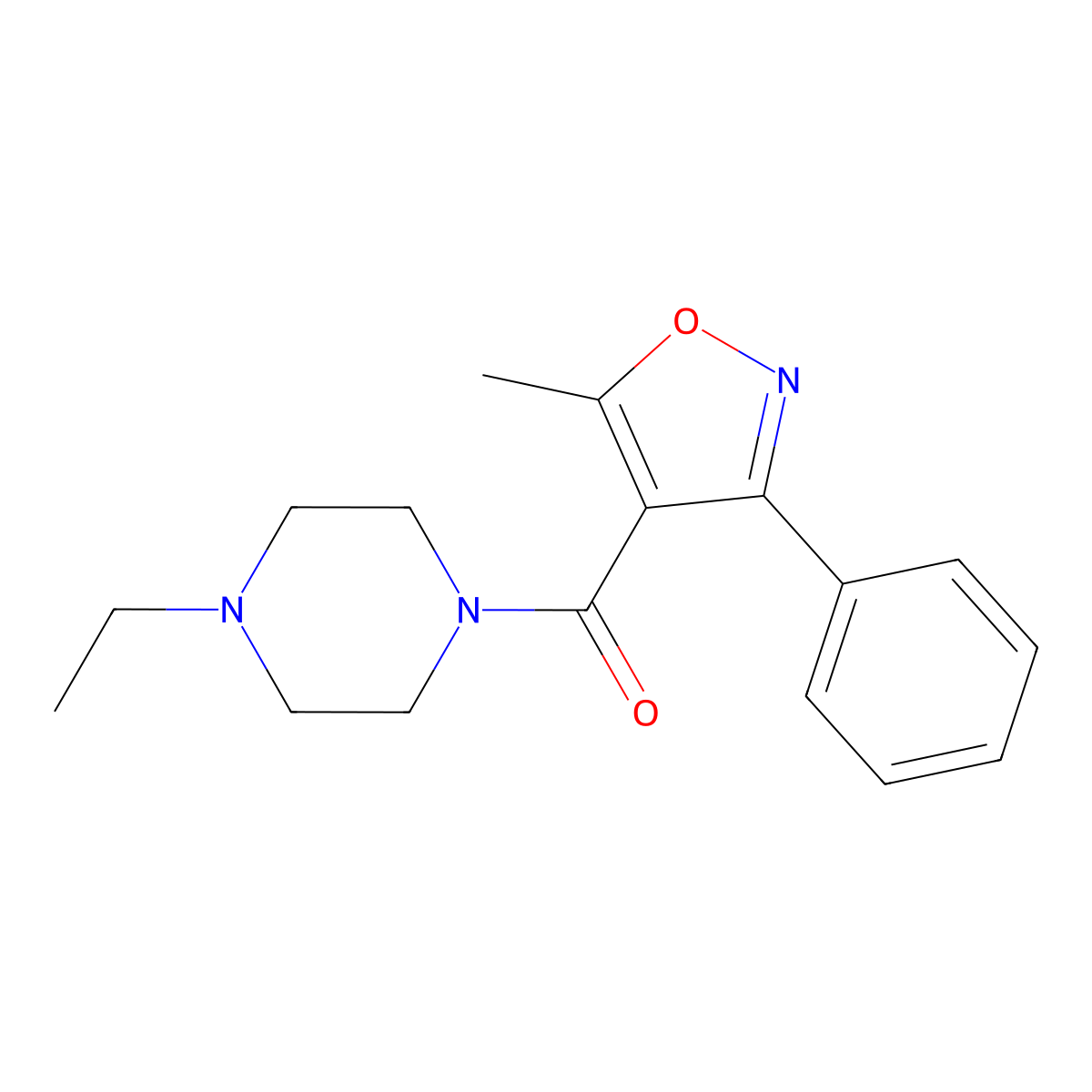 (4-Ethyl-piperazin-1-yl)-(5-methyl-3-phenyl-isoxazol-4-yl)-methanone molecular structure, CAS 420844-89-9
