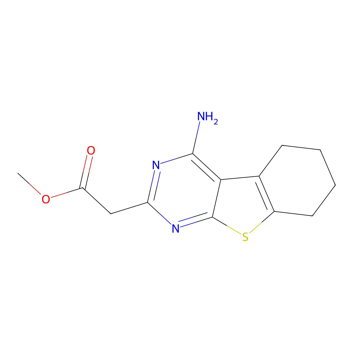 Methyl (4-amino-5,6,7,8-tetrahydro[1]benzothieno[2,3-d]pyrimidin-2-yl)acetate molecular structure, CAS 421561-66-2
