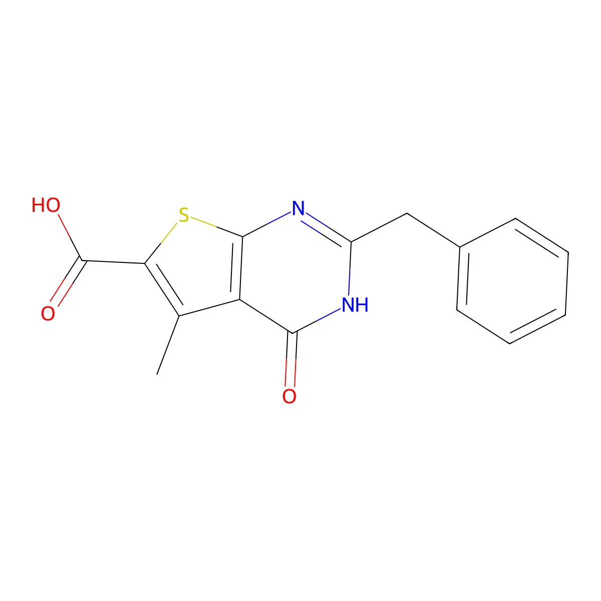 2-benzyl-5-methyl-4-oxo-3H,4H-thieno[2,3-d]pyrimidine-6-carboxylic acid molecular structure, CAS 421562-28-9