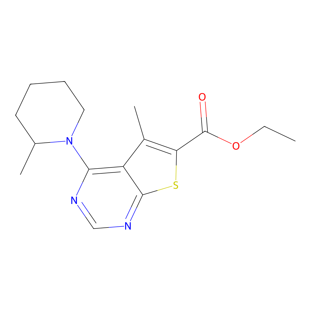 Ethyl 5-methyl-4-(2-methylpiperidin-1-yl)thieno[2,3-d]pyrimidine-6-carboxylate molecular structure, CAS 421565-57-3