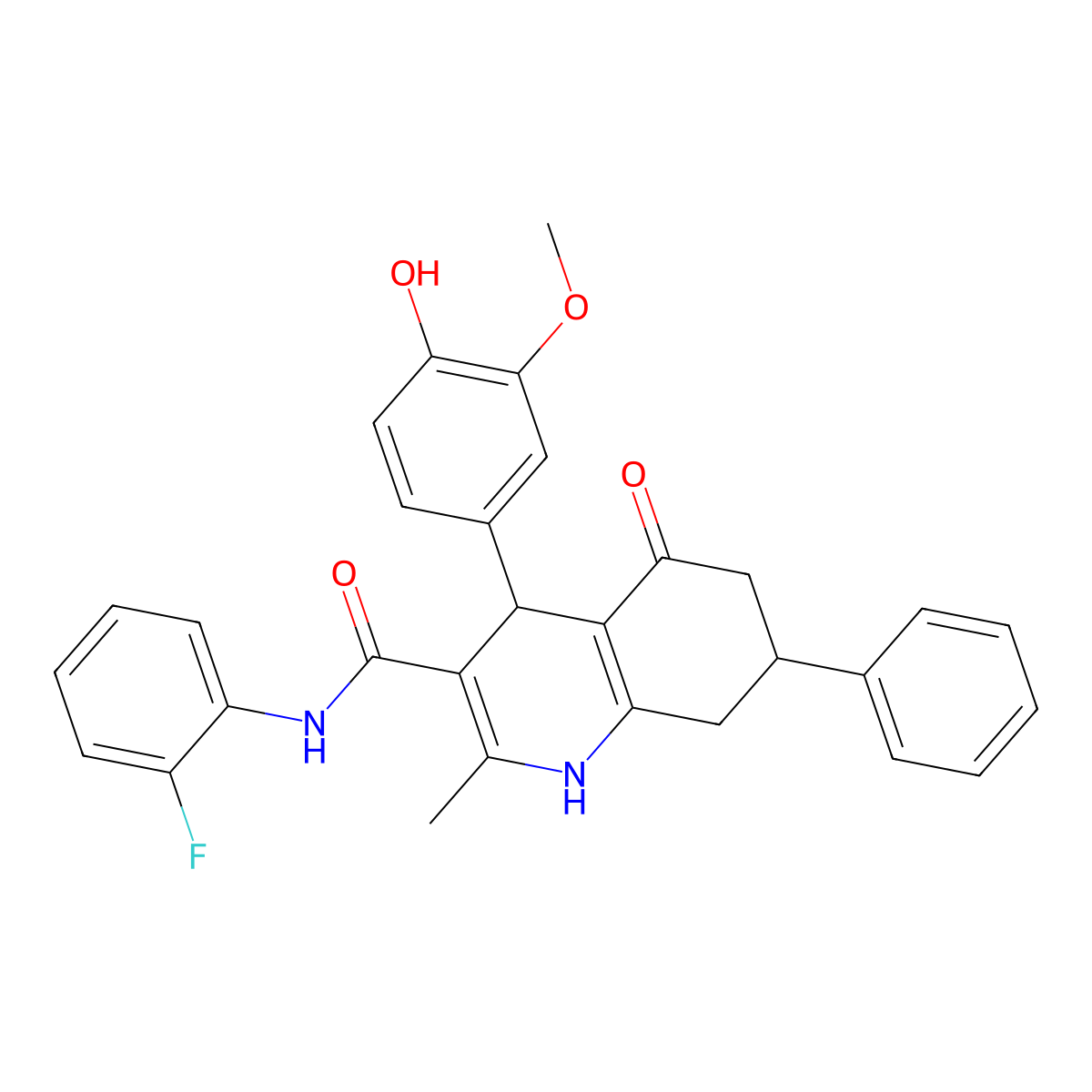 N-(2-fluorophenyl)-4-(4-hydroxy-3-methoxyphenyl)-2-methyl-5-oxo-7-phenyl-4,6,7,8-tetrahydro-1H-quinoline-3-carboxamide molecular structure, CAS 421567-04-6