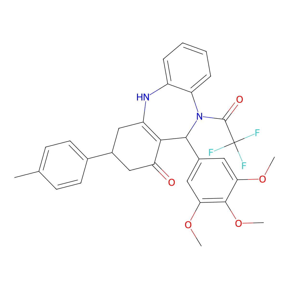 3-(4-methylphenyl)-10-(trifluoroacetyl)-11-(3,4,5-trimethoxyphenyl)-2,3,4,5,10,11-hexahydro-1H-dibenzo[b,e][1,4]diazepin-1-one molecular structure, CAS 421568-14-1