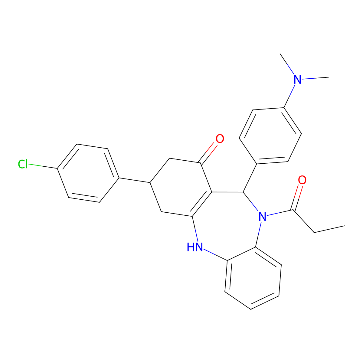 3-(4-chlorophenyl)-11-[4-(dimethylamino)phenyl]-10-propanoyl-2,3,4,5,10,11-hexahydro-1H-dibenzo[b,e][1,4]diazepin-1-one molecular structure, CAS 421568-15-2