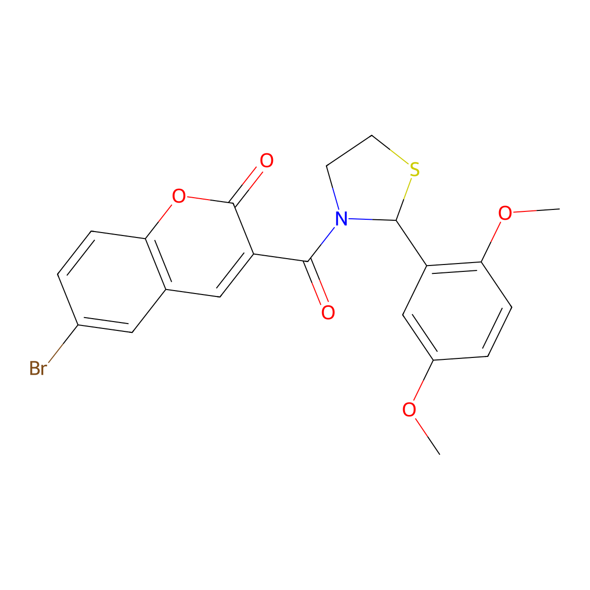 6-bromo-3-(2-(2,5-dimethoxyphenyl)thiazolidine-3-carbonyl)-2H-chromen-2-one molecular structure, CAS 421569-56-4