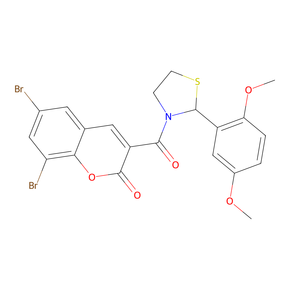 6,8-dibromo-3-(2-(2,5-dimethoxyphenyl)thiazolidine-3-carbonyl)-2H-chromen-2-one molecular structure, CAS 421569-57-5