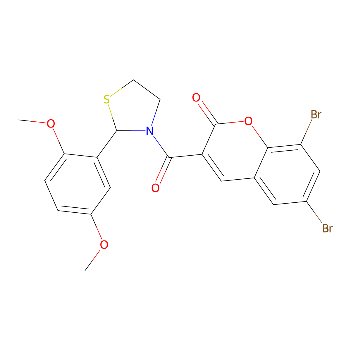 6,8-dibromo-3-(2-(2,5-dimethoxyphenyl)thiazolidine-3-carbonyl)-2H-chromen-2-one molecular structure, CAS 421569-57-5