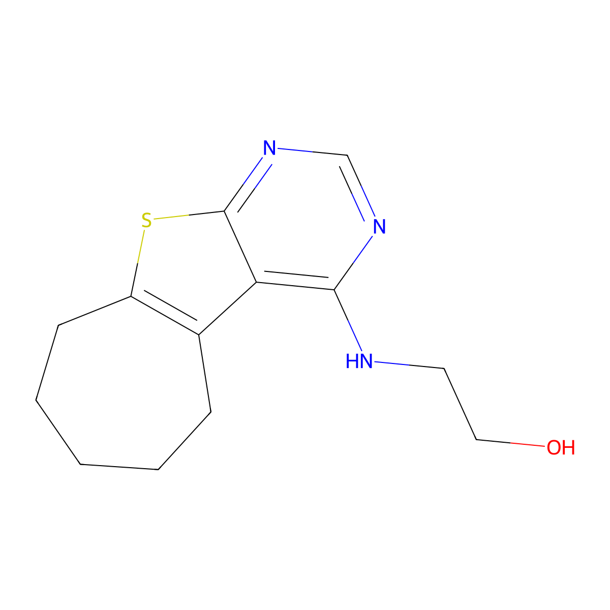 2-(6,7,8,9-tetrahydro-5H-cyclohepta[4,5]thieno[2,3-d]pyrimidin-4-ylamino)ethanol molecular structure, CAS 421569-60-0