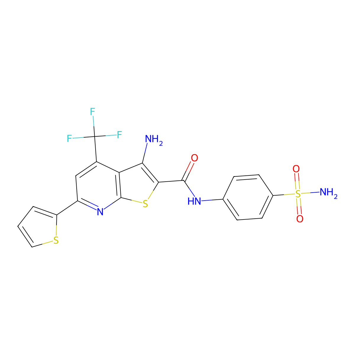 3-Amino-N-(4-(aminosulfonyl)phenyl)-6-(2-thienyl)-4-(trifluoromethyl)thieno(2,3-B)pyridine-2-carboxamide molecular structure, CAS 421569-70-2