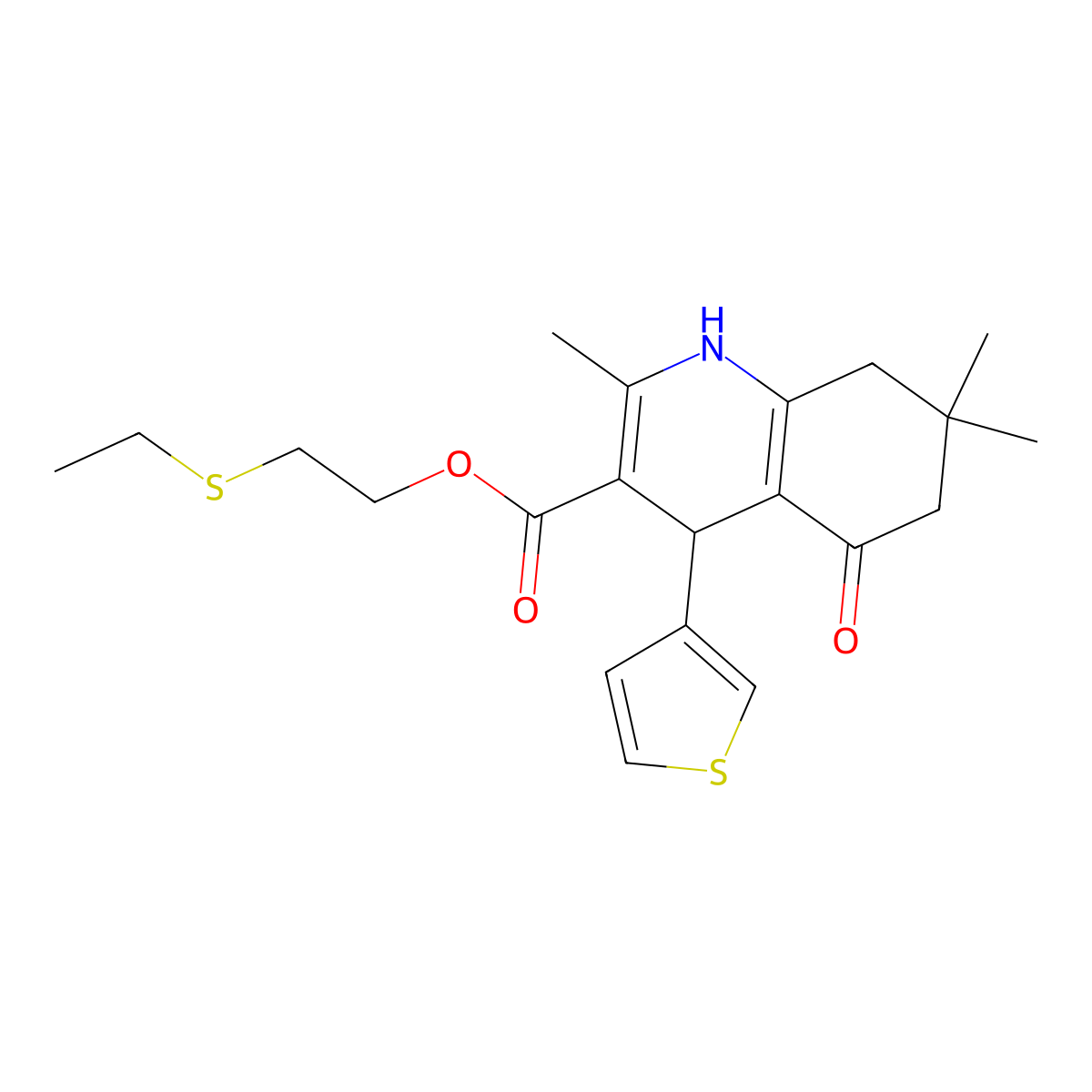 2-(Ethylsulfanyl)ethyl 2,7,7-trimethyl-5-oxo-4-(thiophen-3-yl)-1,4,5,6,7,8-hexahydroquinoline-3-carboxylate molecular structure, CAS 421569-74-6