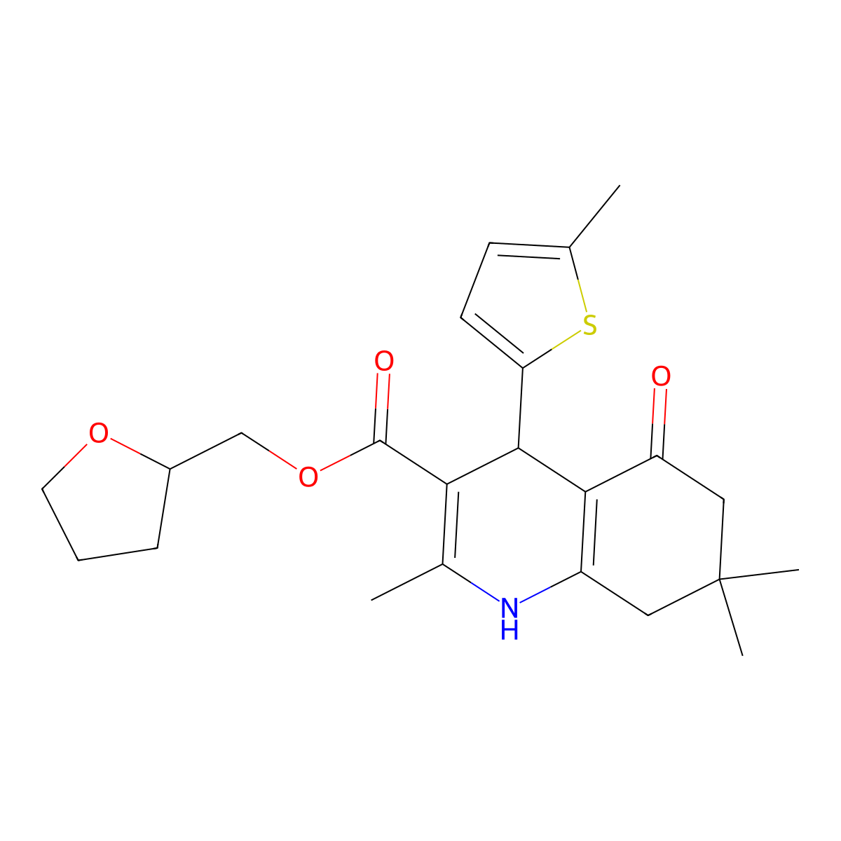 Tetrahydrofuran-2-ylmethyl 2,7,7-trimethyl-4-(5-methylthiophen-2-yl)-5-oxo-1,4,5,6,7,8-hexahydroquinoline-3-carboxylate molecular structure, CAS 421569-91-7