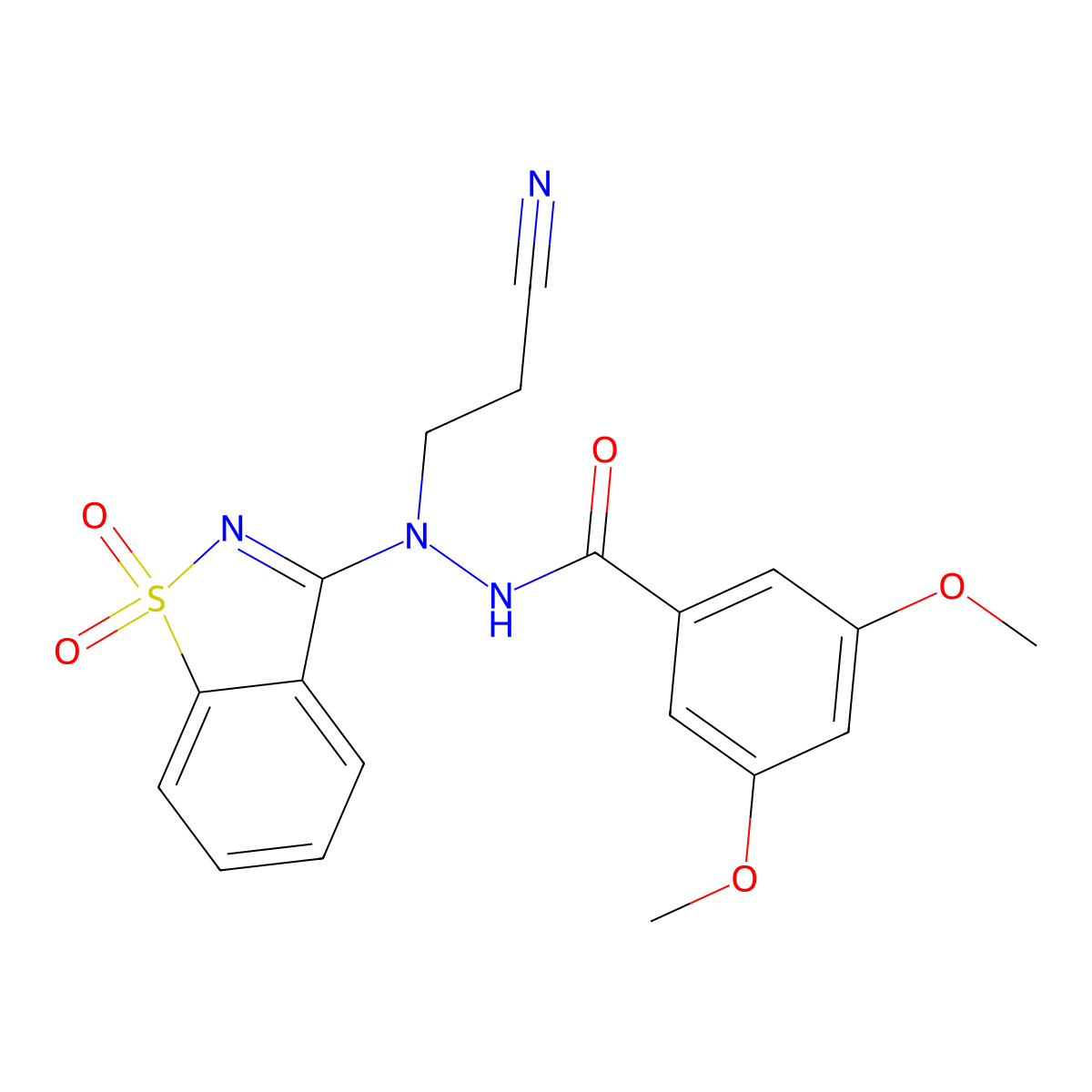 N'-(2-cyanoethyl)-N'-(1,1-dioxido-1,2-benzisothiazol-3-yl)-3,5-dimethoxybenzohydrazide molecular structure, CAS 421570-16-3