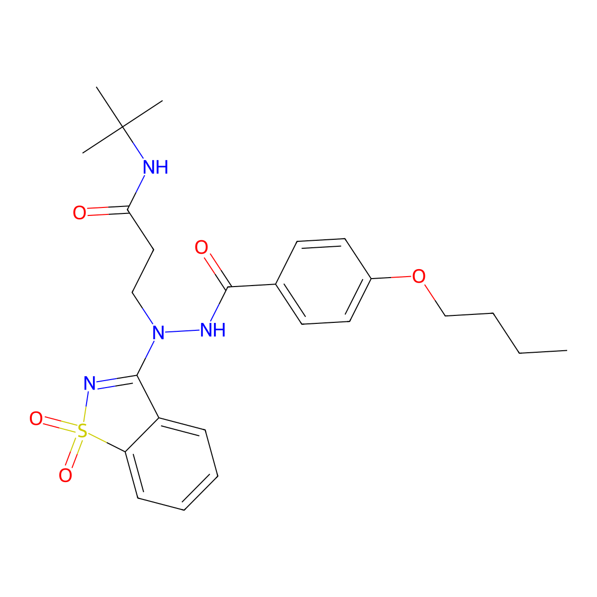 3-[[(4-butoxybenzoyl)amino]-(1,1-dioxo-1,2-benzothiazol-3-yl)amino]-N-tert-butylpropanamide molecular structure, CAS 421570-24-3