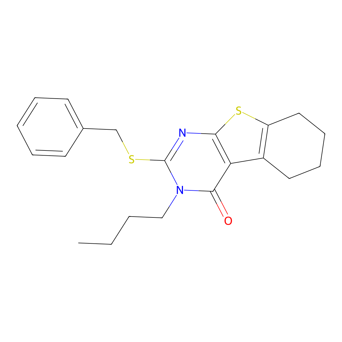 2-(benzylsulfanyl)-3-butyl-5,6,7,8-tetrahydro[1]benzothieno[2,3-d]pyrimidin-4(3H)-one molecular structure, CAS 421570-55-0