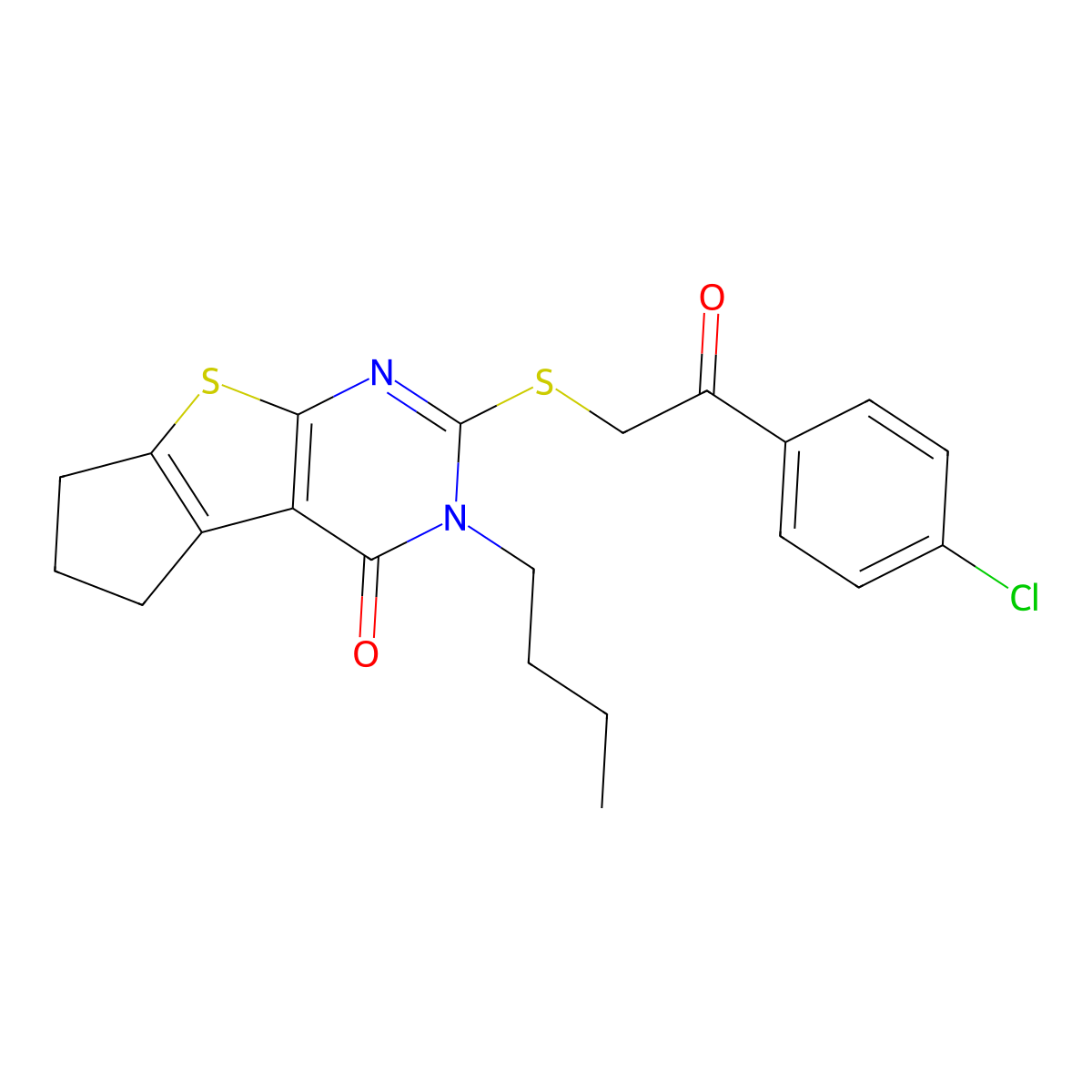 3-butyl-2-{[2-(4-chlorophenyl)-2-oxoethyl]sulfanyl}-3,5,6,7-tetrahydro-4H-cyclopenta[4,5]thieno[2,3-d]pyrimidin-4-one molecular structure, CAS 421570-66-3