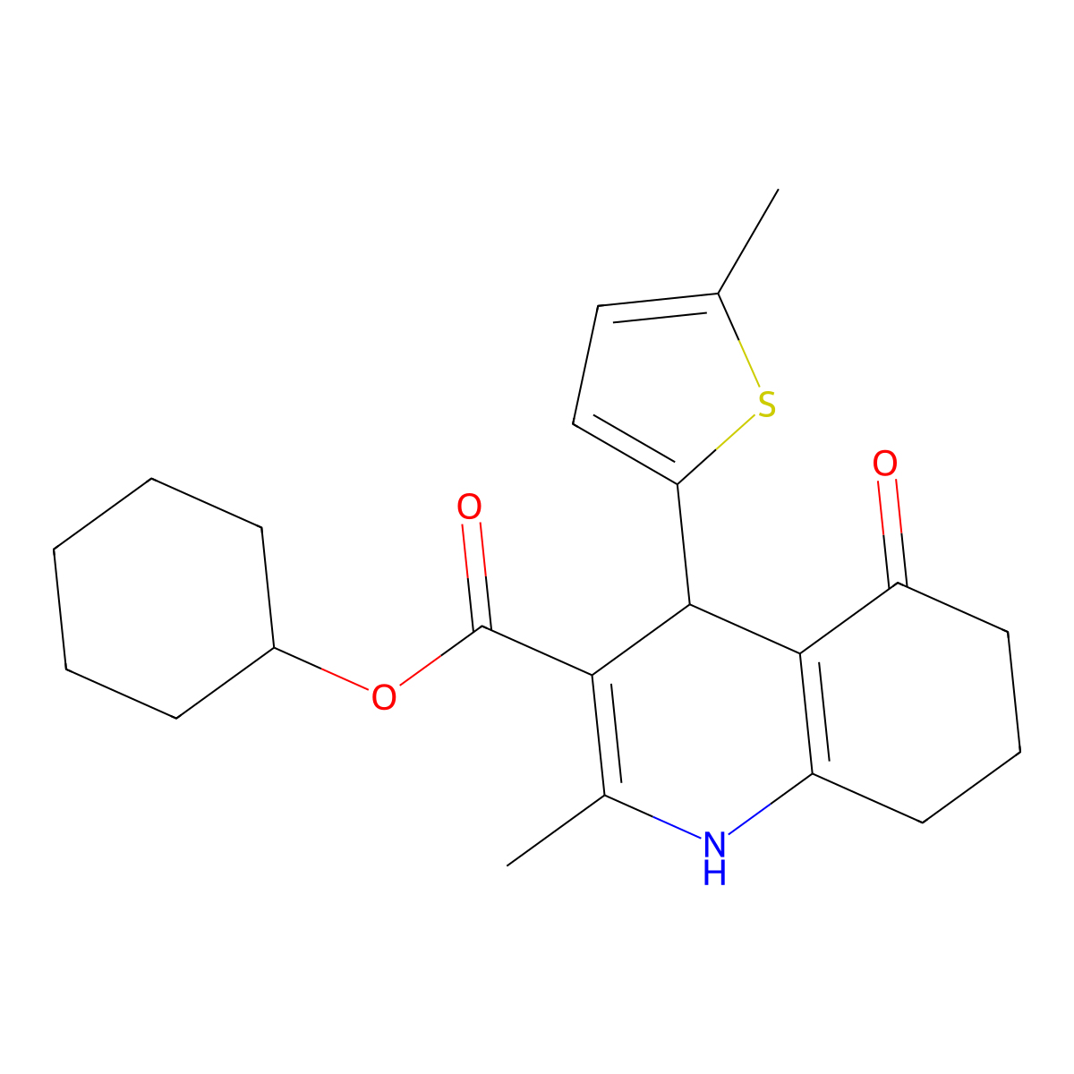 Cyclohexyl 2-methyl-4-(5-methylthiophen-2-yl)-5-oxo-1,4,5,6,7,8-hexahydroquinoline-3-carboxylate molecular structure, CAS 421570-90-3