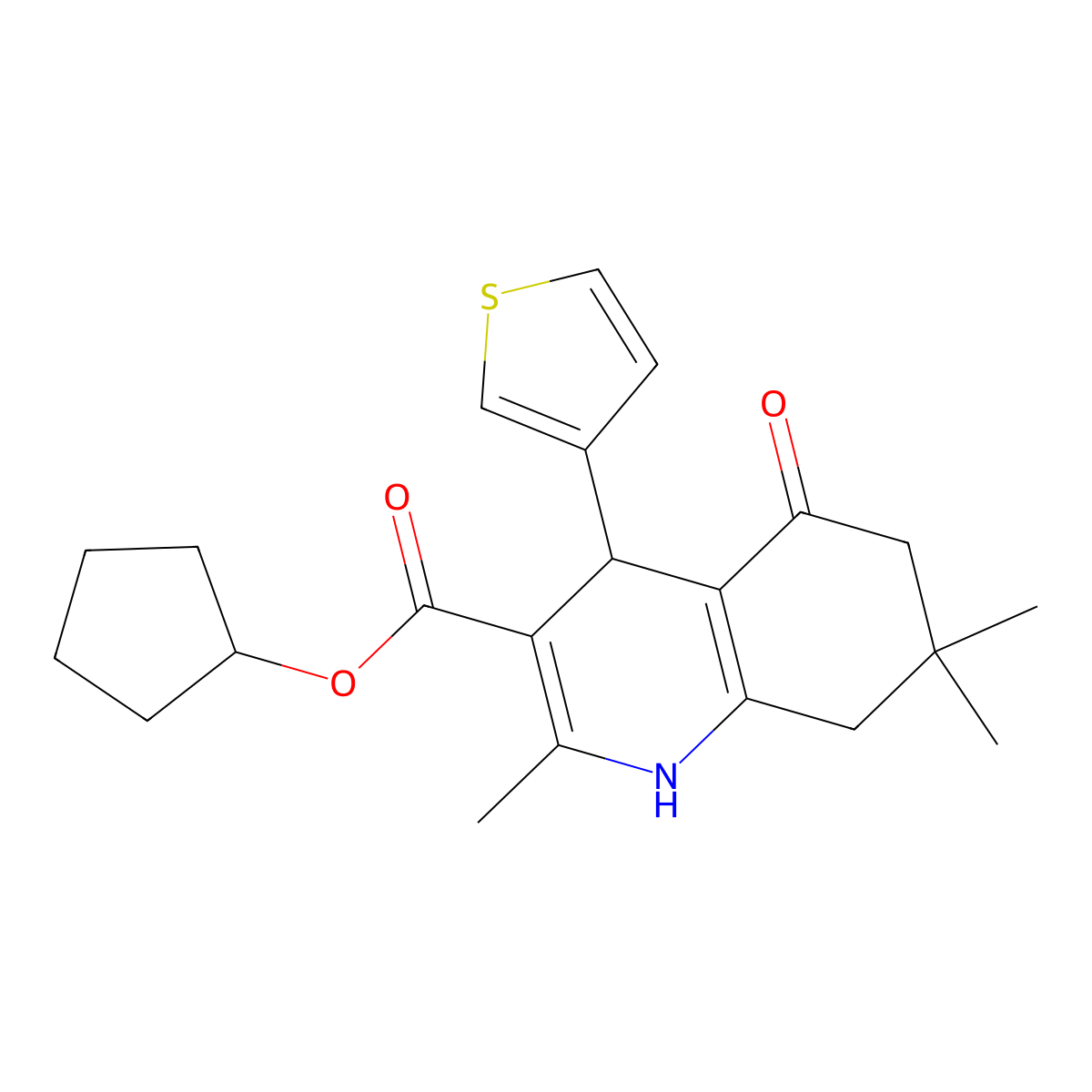 Cyclopentyl 2,7,7-trimethyl-5-oxo-4-(thiophen-3-yl)-1,4,5,6,7,8-hexahydroquinoline-3-carboxylate molecular structure, CAS 421570-91-4