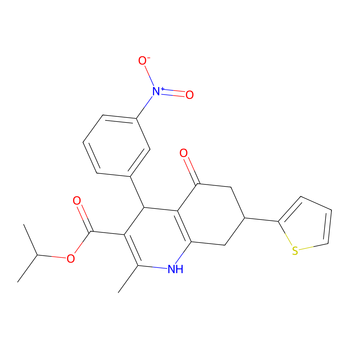 Propan-2-yl 2-methyl-4-(3-nitrophenyl)-5-oxo-7-(thiophen-2-yl)-1,4,5,6,7,8-hexahydroquinoline-3-carboxylate molecular structure, CAS 421570-99-2