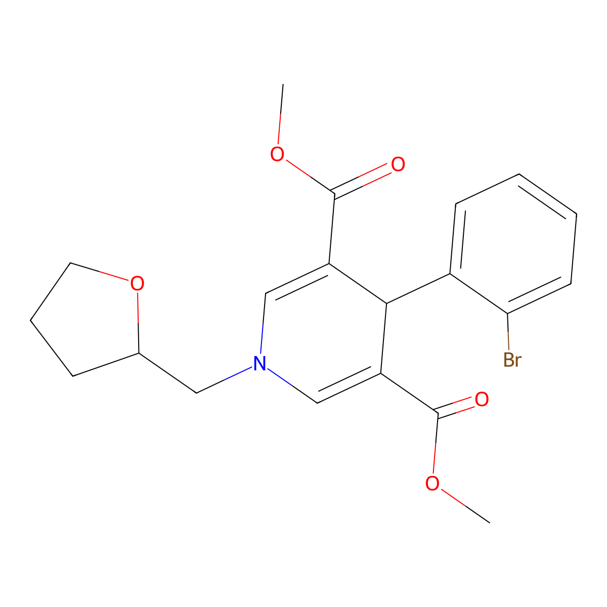 Dimethyl 4-(2-bromophenyl)-1-(tetrahydrofuran-2-ylmethyl)-1,4-dihydropyridine-3,5-dicarboxylate molecular structure, CAS 421571-01-9