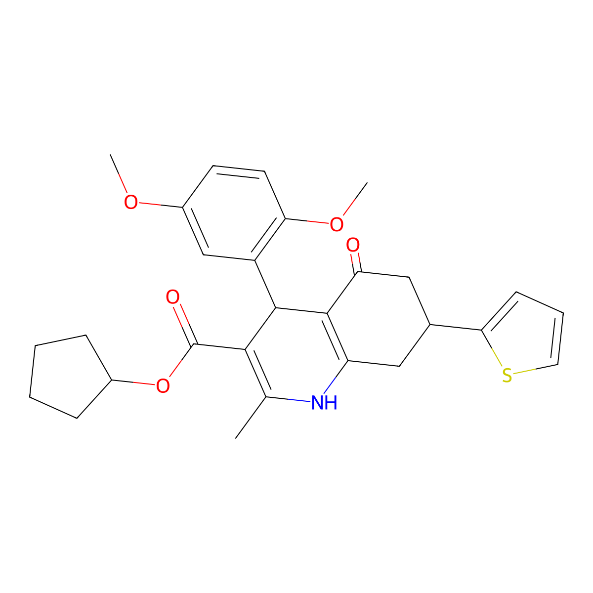 Cyclopentyl 4-(2,5-dimethoxyphenyl)-2-methyl-5-oxo-7-(thiophen-2-yl)-1,4,5,6,7,8-hexahydroquinoline-3-carboxylate molecular structure, CAS 421571-13-3