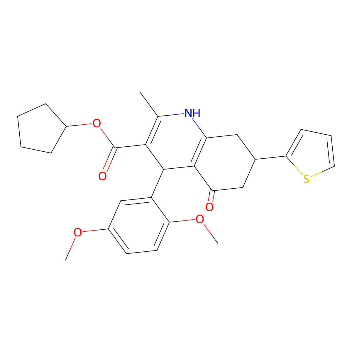 Cyclopentyl 4-(2,5-dimethoxyphenyl)-2-methyl-5-oxo-7-(thiophen-2-yl)-1,4,5,6,7,8-hexahydroquinoline-3-carboxylate molecular structure, CAS 421571-13-3