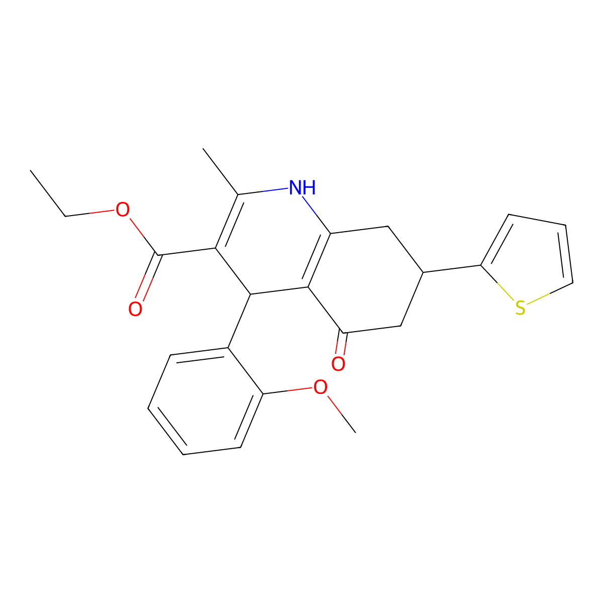 Ethyl 4-(2-methoxyphenyl)-2-methyl-5-oxo-7-(thiophen-2-yl)-1,4,5,6,7,8-hexahydroquinoline-3-carboxylate molecular structure, CAS 421571-17-7
