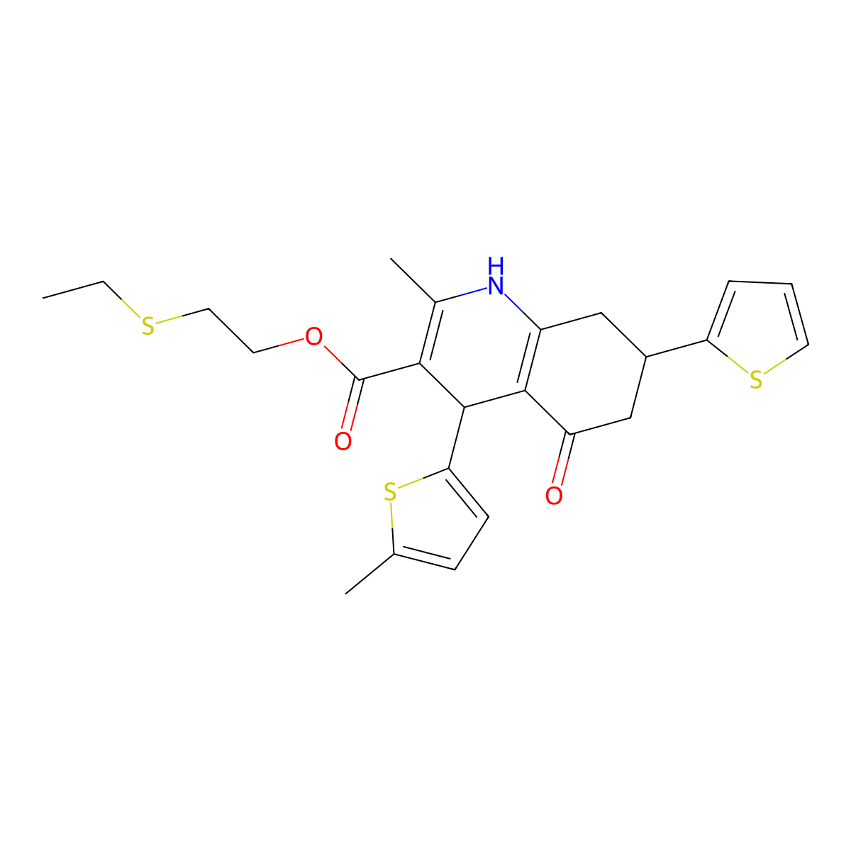 2-(Ethylsulfanyl)ethyl 2-methyl-4-(5-methylthiophen-2-yl)-5-oxo-7-(thiophen-2-yl)-1,4,5,6,7,8-hexahydroquinoline-3-carboxylate molecular structure, CAS 421571-21-3