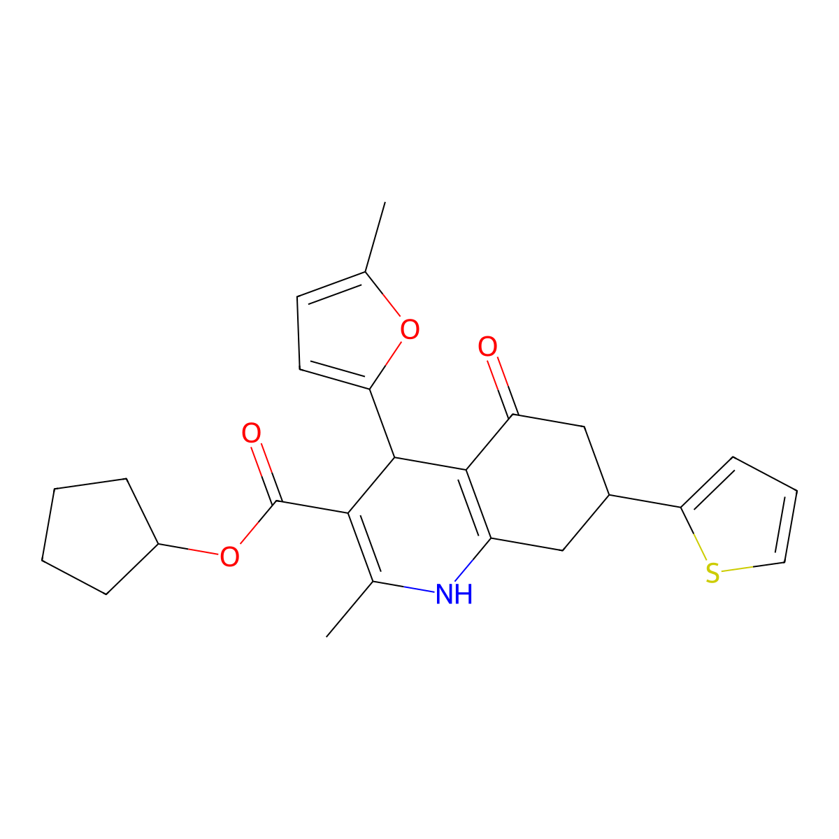 Cyclopentyl 2-methyl-4-(5-methylfuran-2-yl)-5-oxo-7-(thiophen-2-yl)-1,4,5,6,7,8-hexahydroquinoline-3-carboxylate molecular structure, CAS 421571-22-4